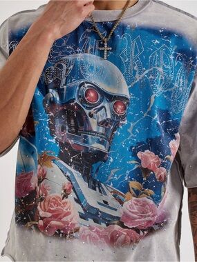 FIRST ROW Graphic Robot & Roses Tee in Blue and Pink